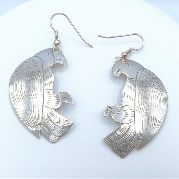 Vintage Silver Etched Bird Hawk Dangle Earrings - Picture 3 of 12